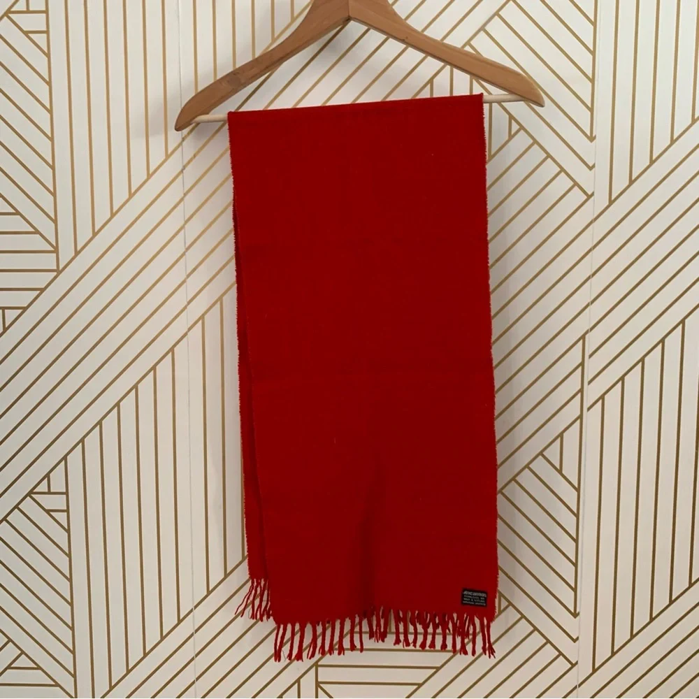 Brooks Brothers 100% Cashmere Scarf fringe red made in Scotland raw hem unisex